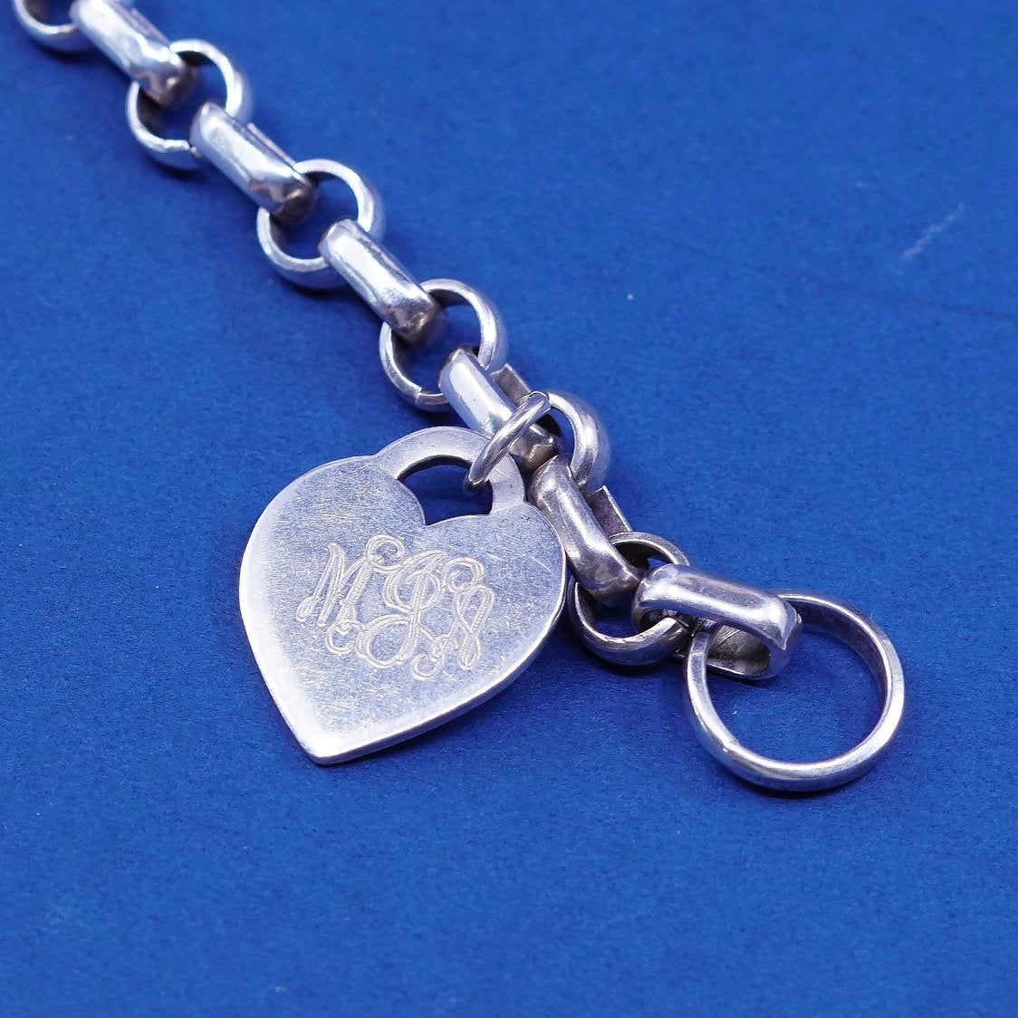 6.75", Sterling silver bracelet, 925 elongated chain w/ heart “MJA” monogram