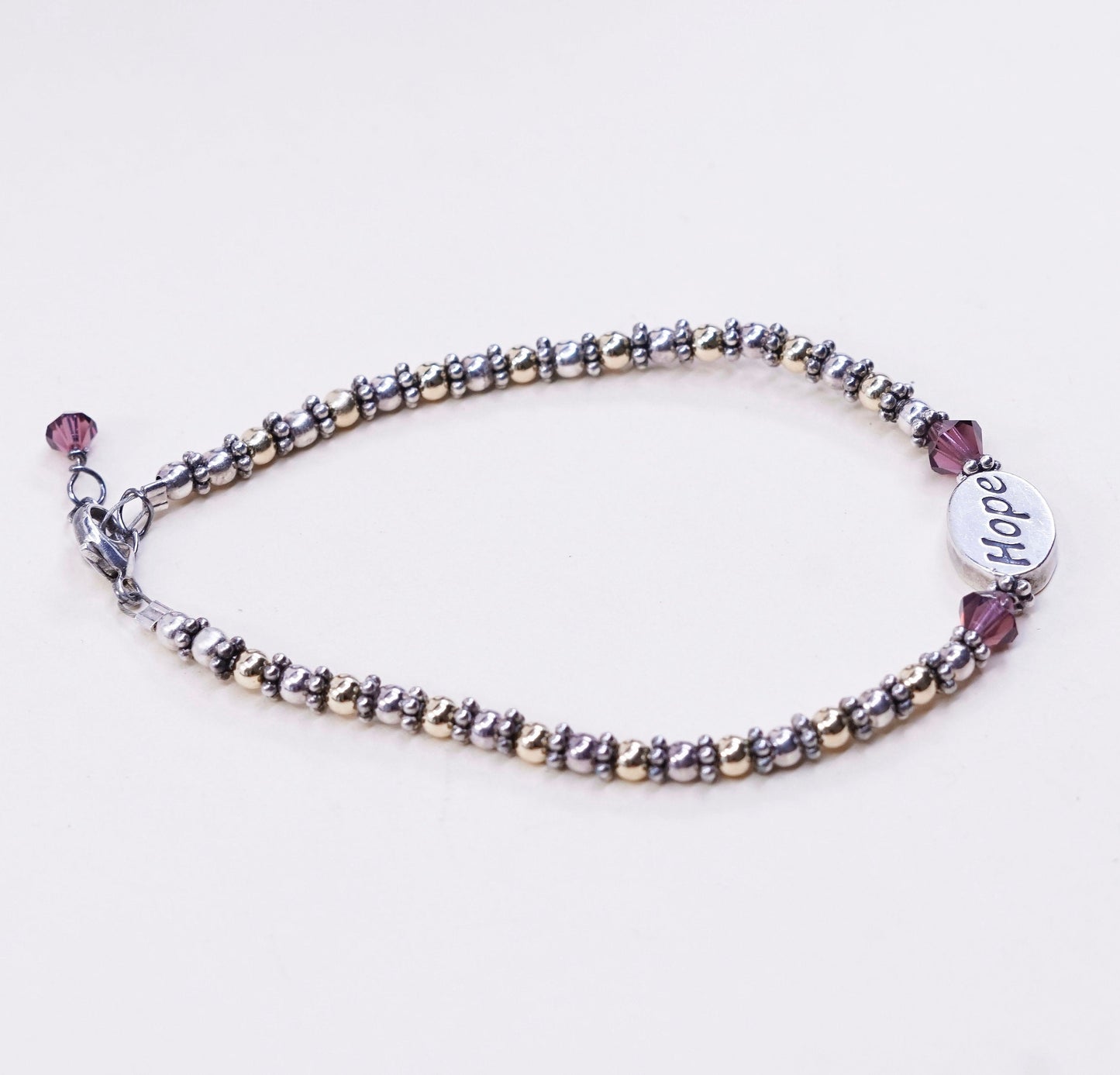 6.5”, 2mm, sterling silver bracelet, 925 beads w/ hope charm, handmade jewelry