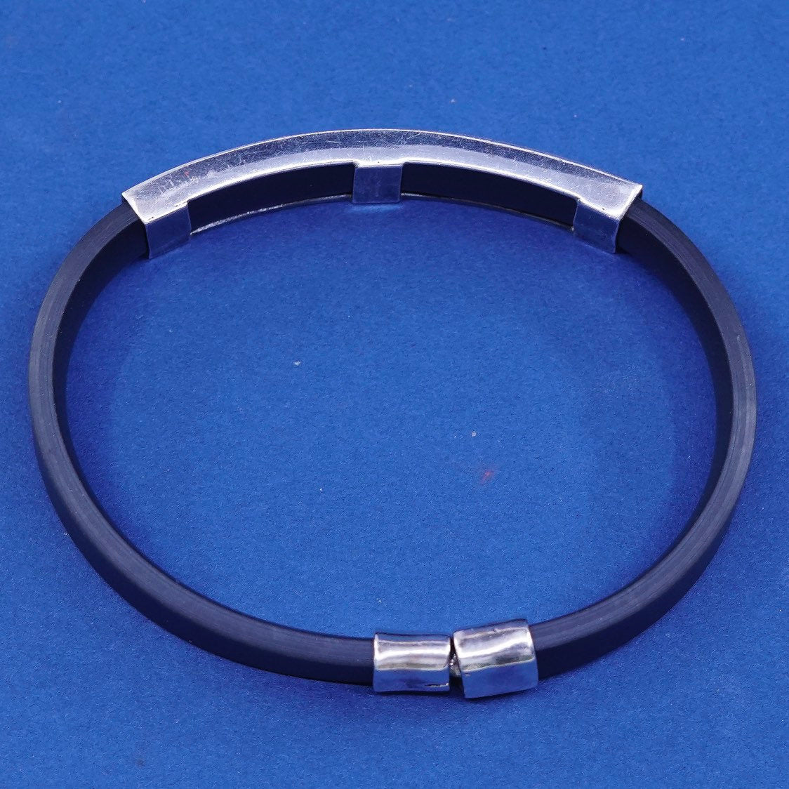 6.75”, vtg Sterling silver handmade bracelet, 925 Greek key bar w/ rubber band