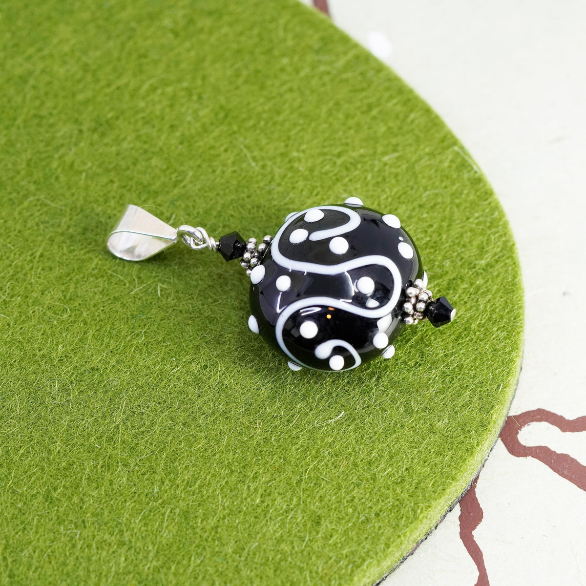 Vintage Sterling silver handmade pendant, 925 charm with black glass beads
