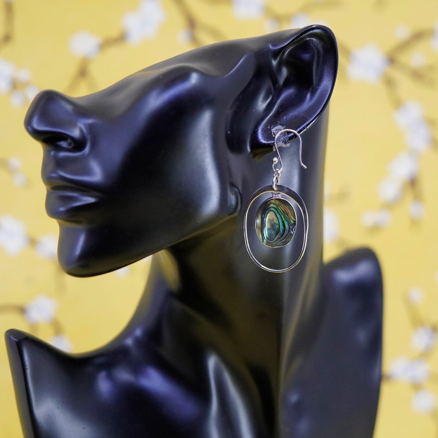 Vintage Sterling 925 silver handmade earrings with oval abalone