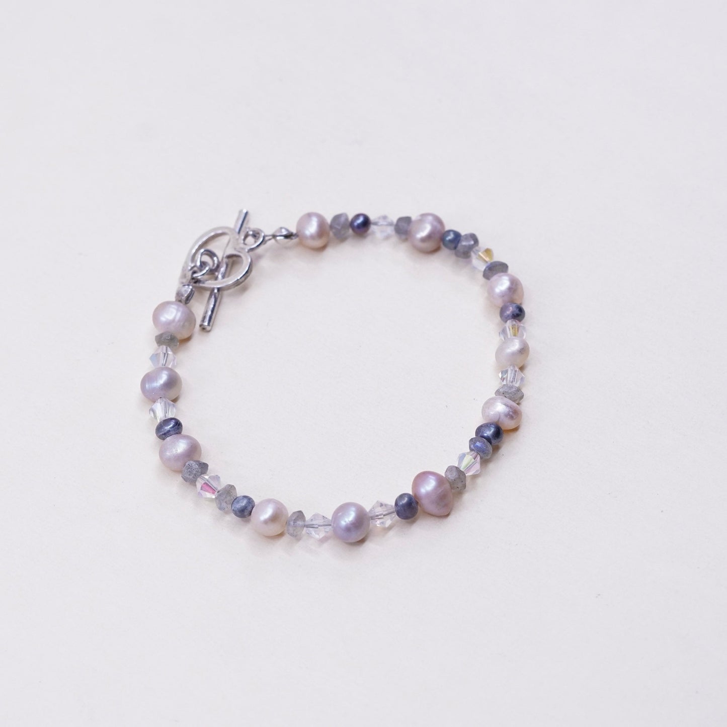 6.75”, vtg Sterling 925 silver handmade bracelet, pearl w/ crystal N heart