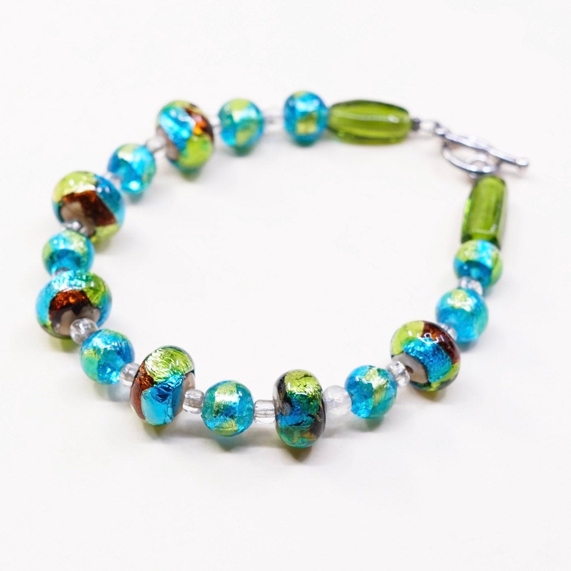 6.75", VTG 925 Sterling silver beads bracelet w/ artisan green glass beads