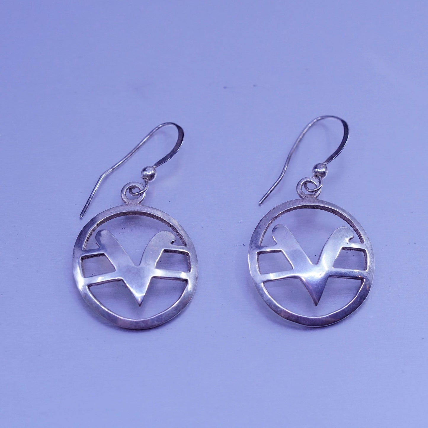 vintage Sterling silver handmade earrings, 925 circle dangles with initial “V”