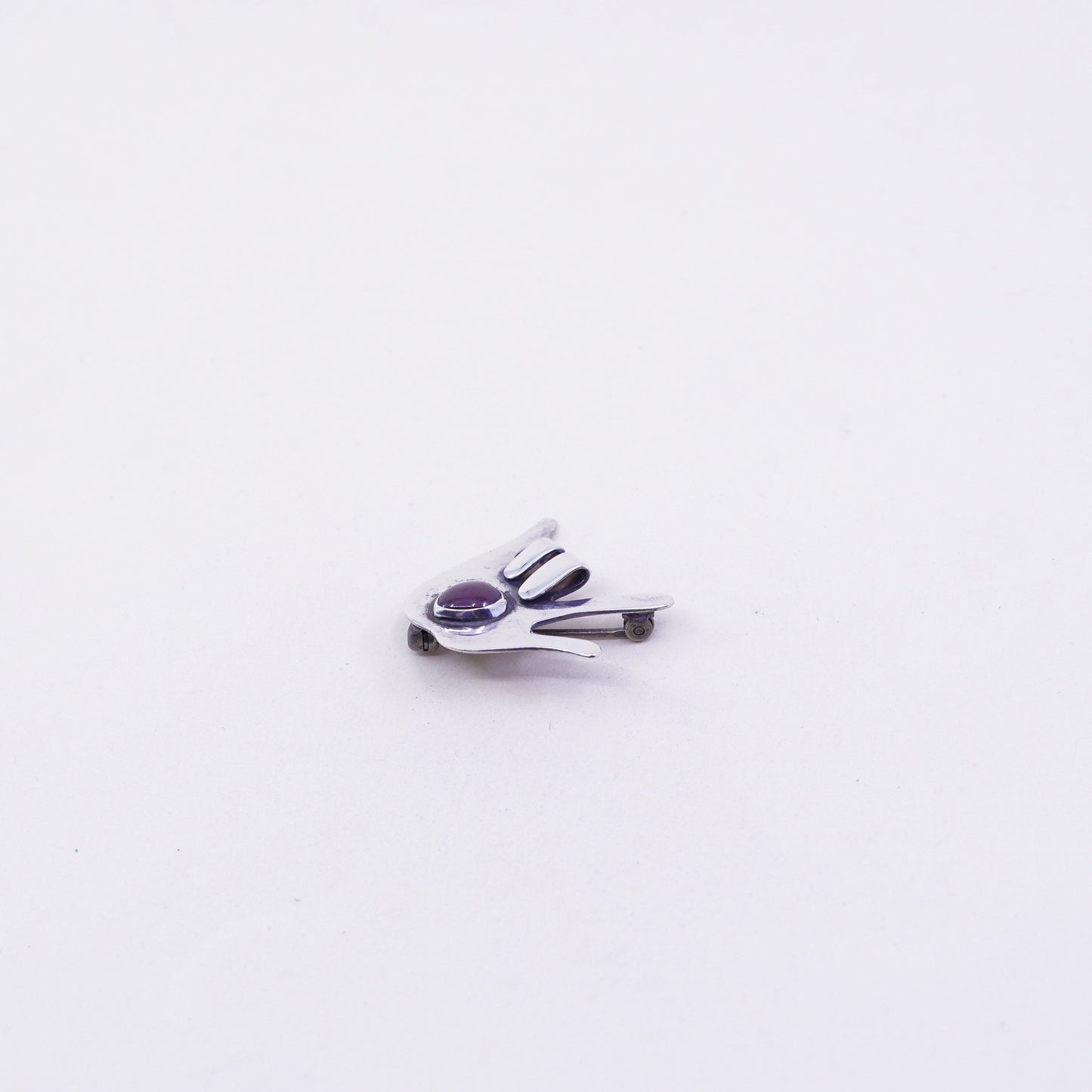 Vintage sterling silver handmade brooch 925 rocker rock hand gesture pin garnet