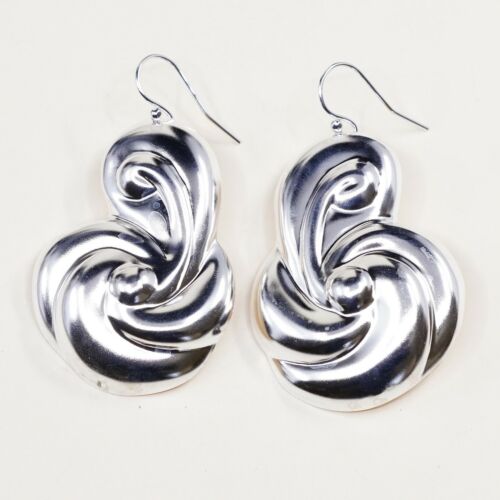 Vintage Sterling Silver Handmade Earrings, 925 Silver Swirl Whirly Dangles