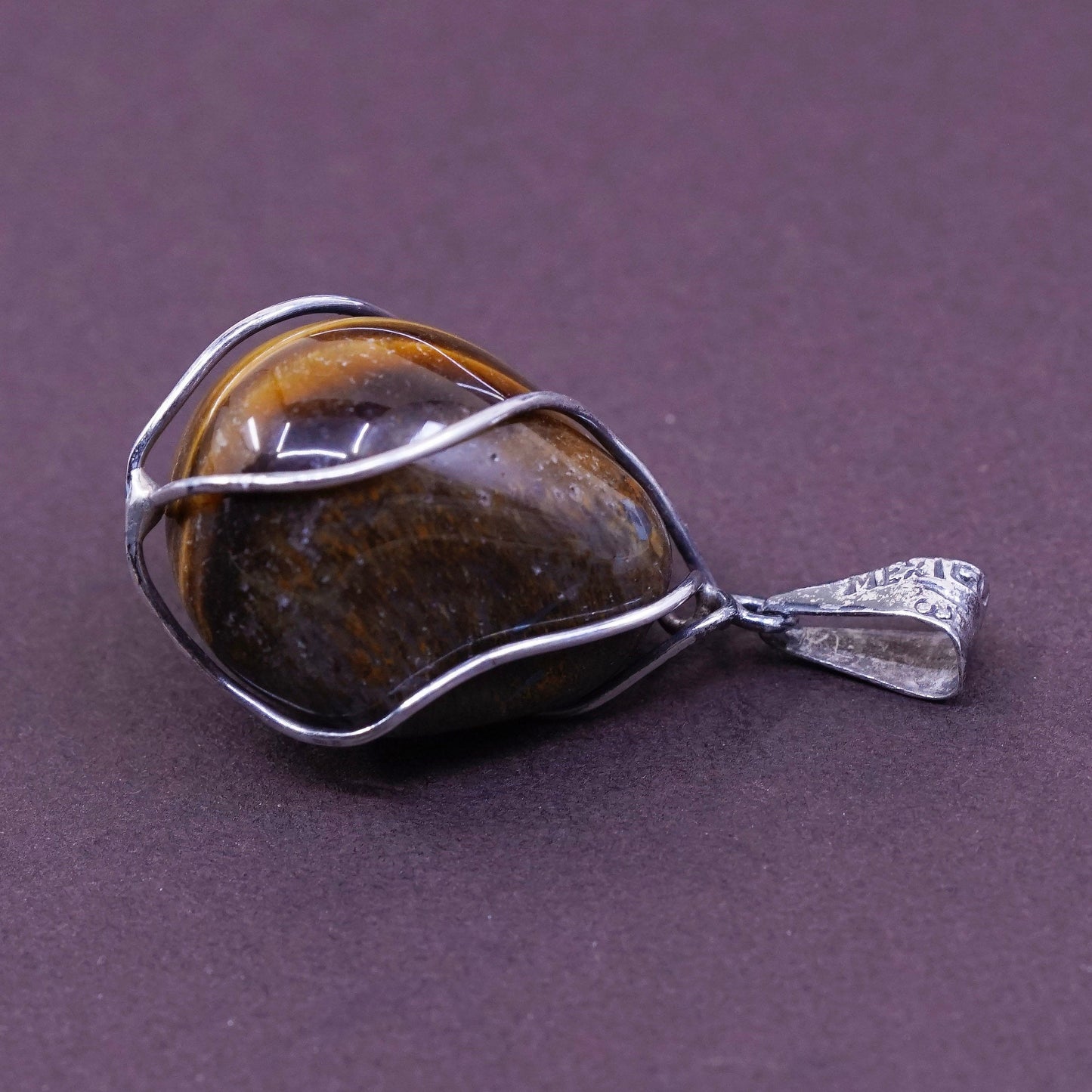 vtg Mexico Sterling 925 silver handmade pendant with golden tiger eye pendant