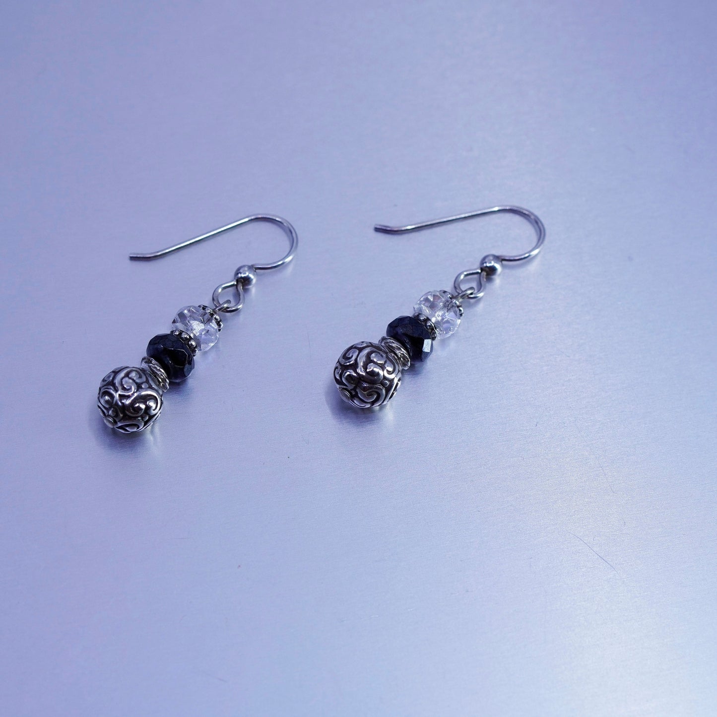 Vintage Sterling 925 silver swirly textured beads earrings with crystal