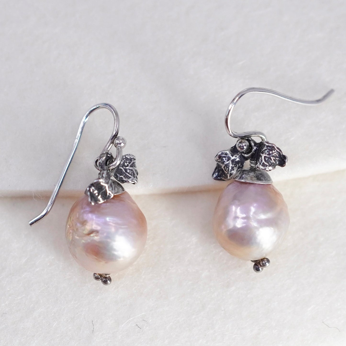 Vintage sterling 925 silver handmade earrings with real pink pearl and leafy