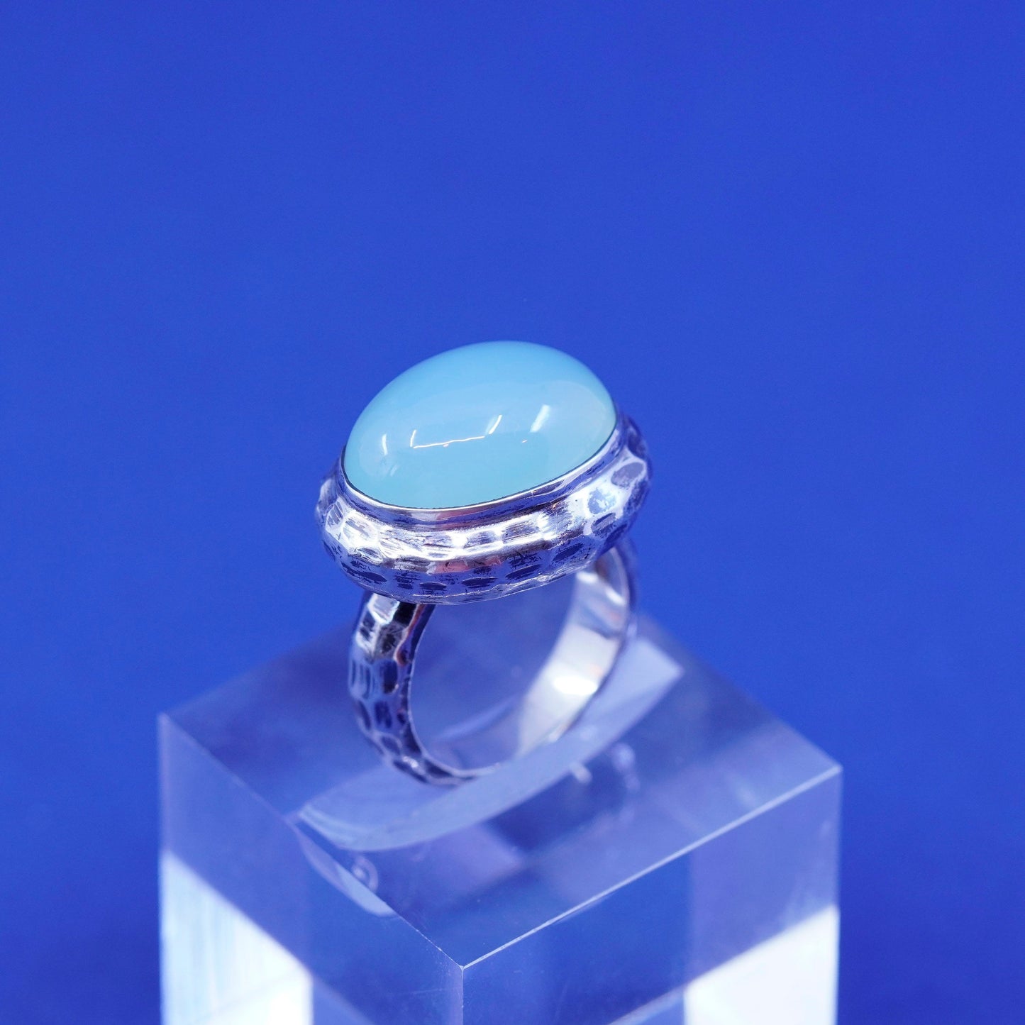 Size 6, Doug Paulus DP Sterling silver ring, India hammered 925 ring Aquamarine