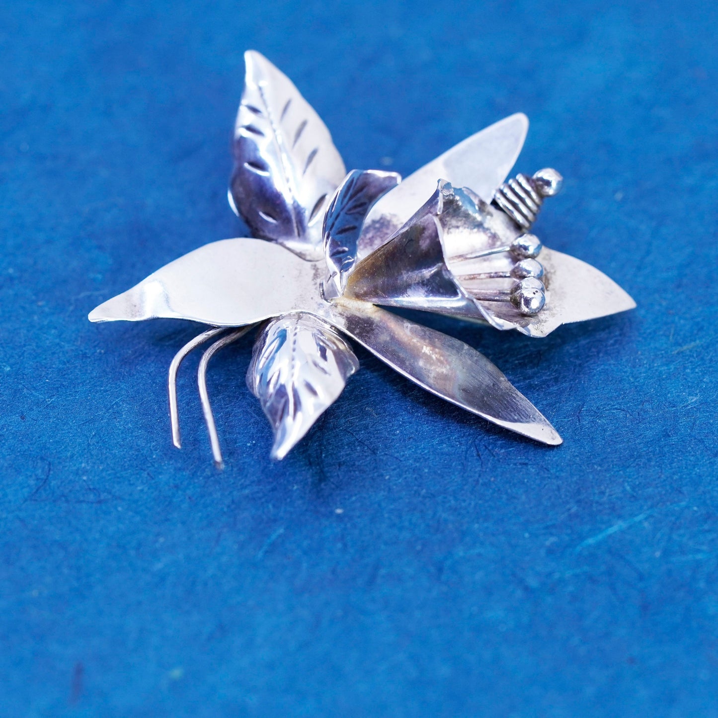 Vintage TAXCO PC Mexico Sterling 925 Silver handmade Orchid Flower Brooch pin