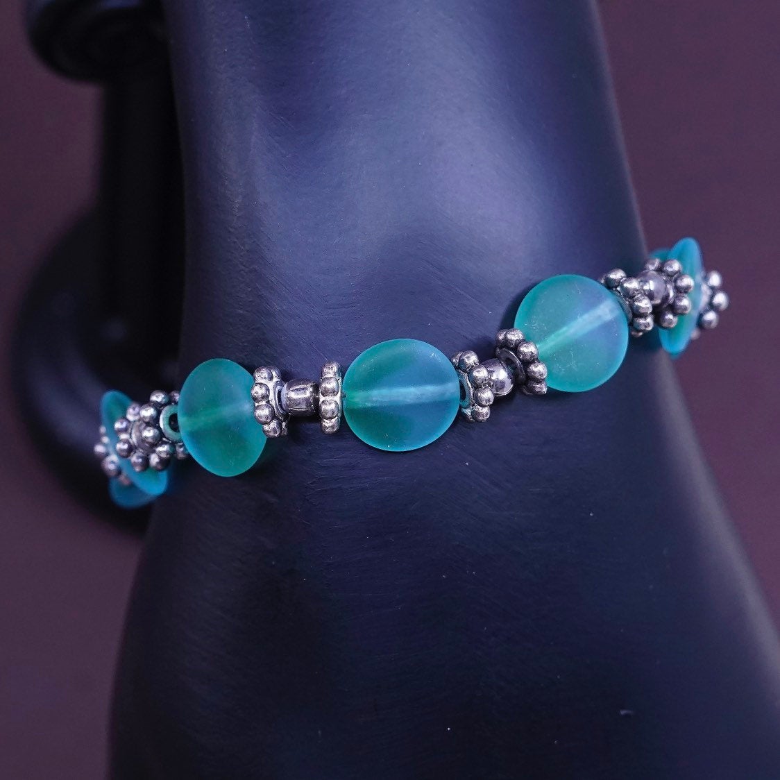 6", handmade bracelet, 925 clasp with green glass bracelet, silver tested