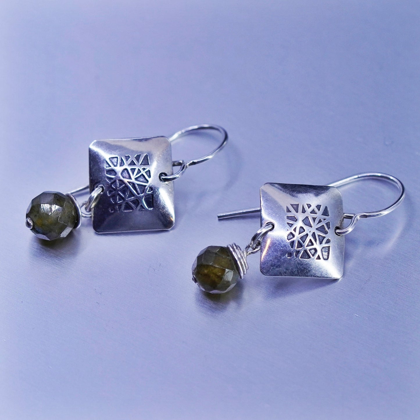 Vintage Sterling 925 silver handmade square textured earrings with smoky topaz