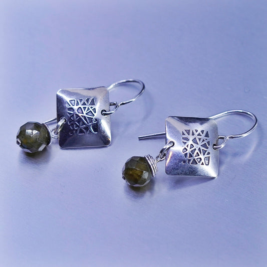 Vintage Sterling 925 silver handmade square textured earrings with smoky topaz