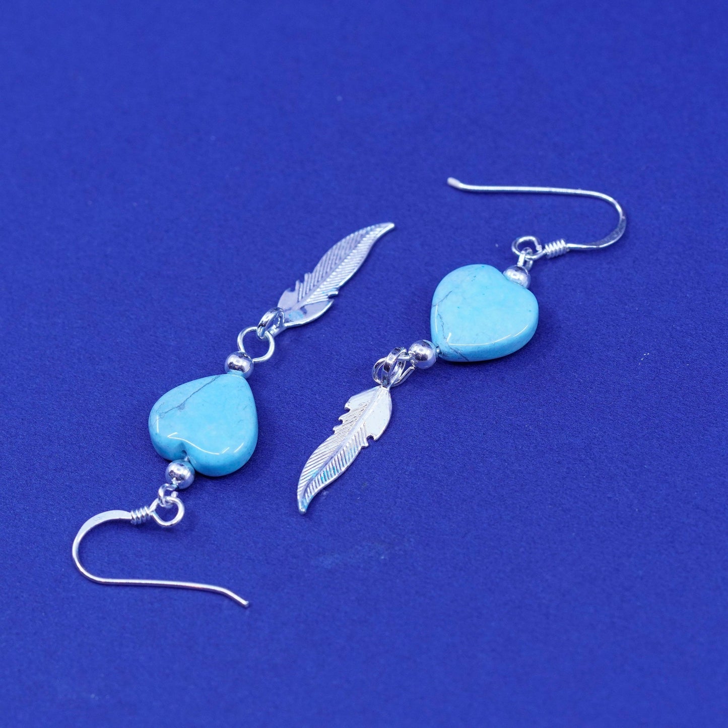 southwestern sterling 925 silver heart turquoise earrings with feather dangled