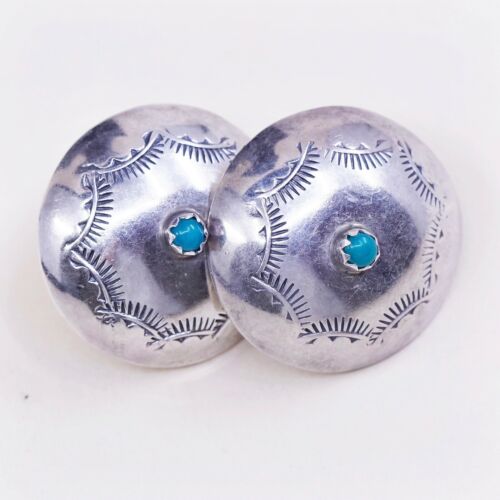 Vintage Sterling Silver Handmade Earrings, Navajo 925 Button Studs W/ Turquoise