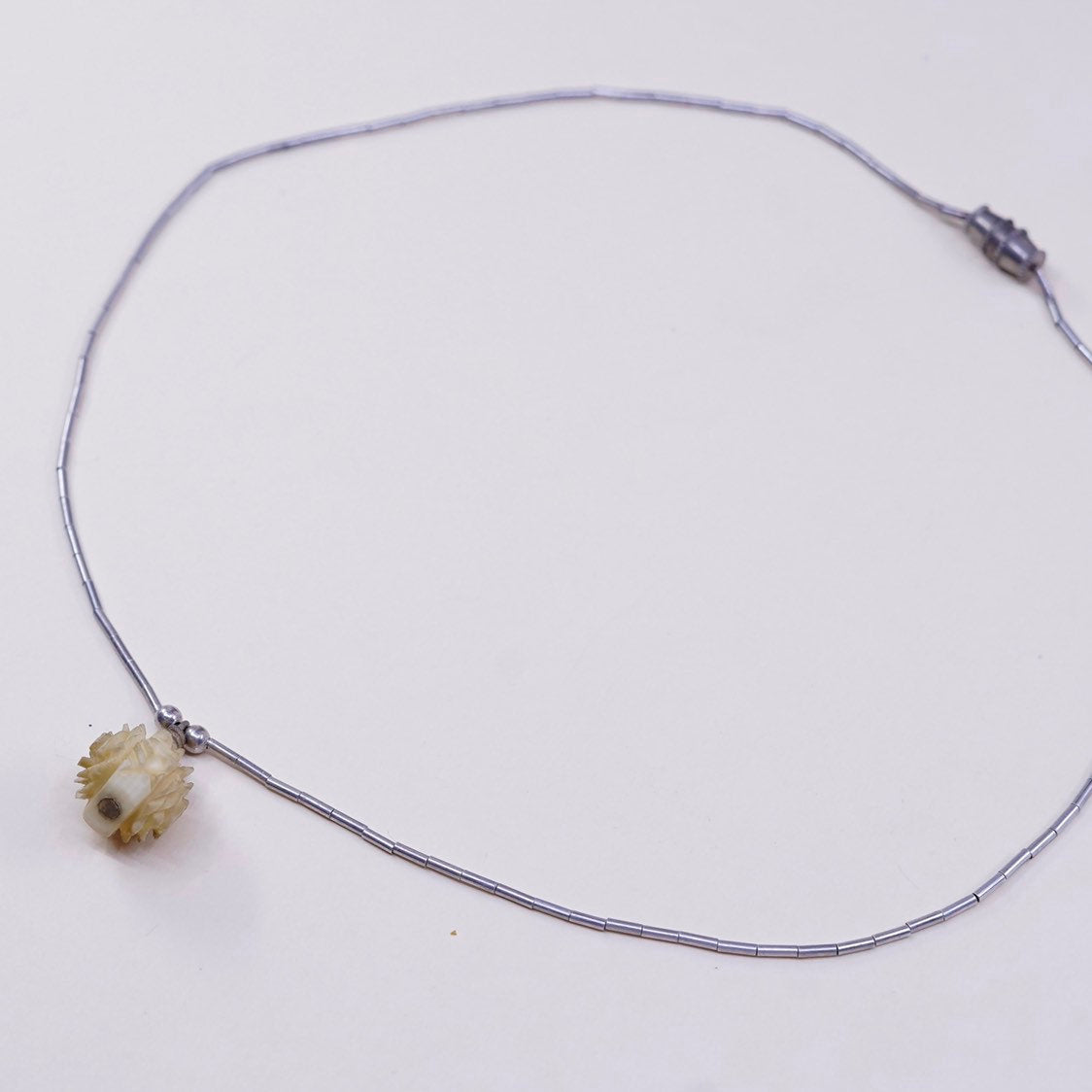 16", vtg sterling liquid silver Handmade chain w/ craved flower bone pendant
