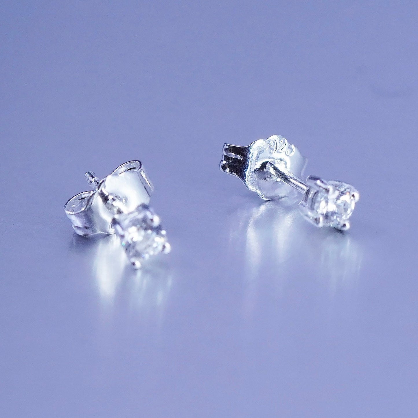 2mm, Vintage Sterling 925 silver earrings, studs with cz inlay