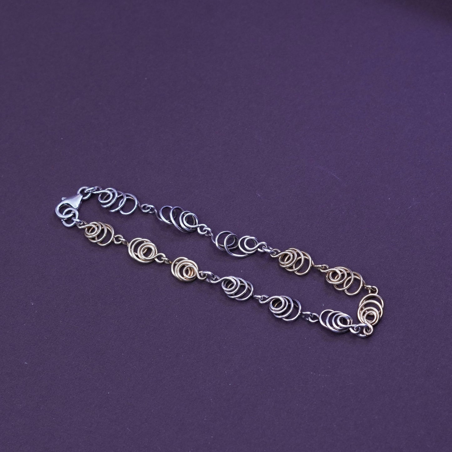 7.75”, vintage two tone Sterling silver handmade bracelet, 925 swirl link chain