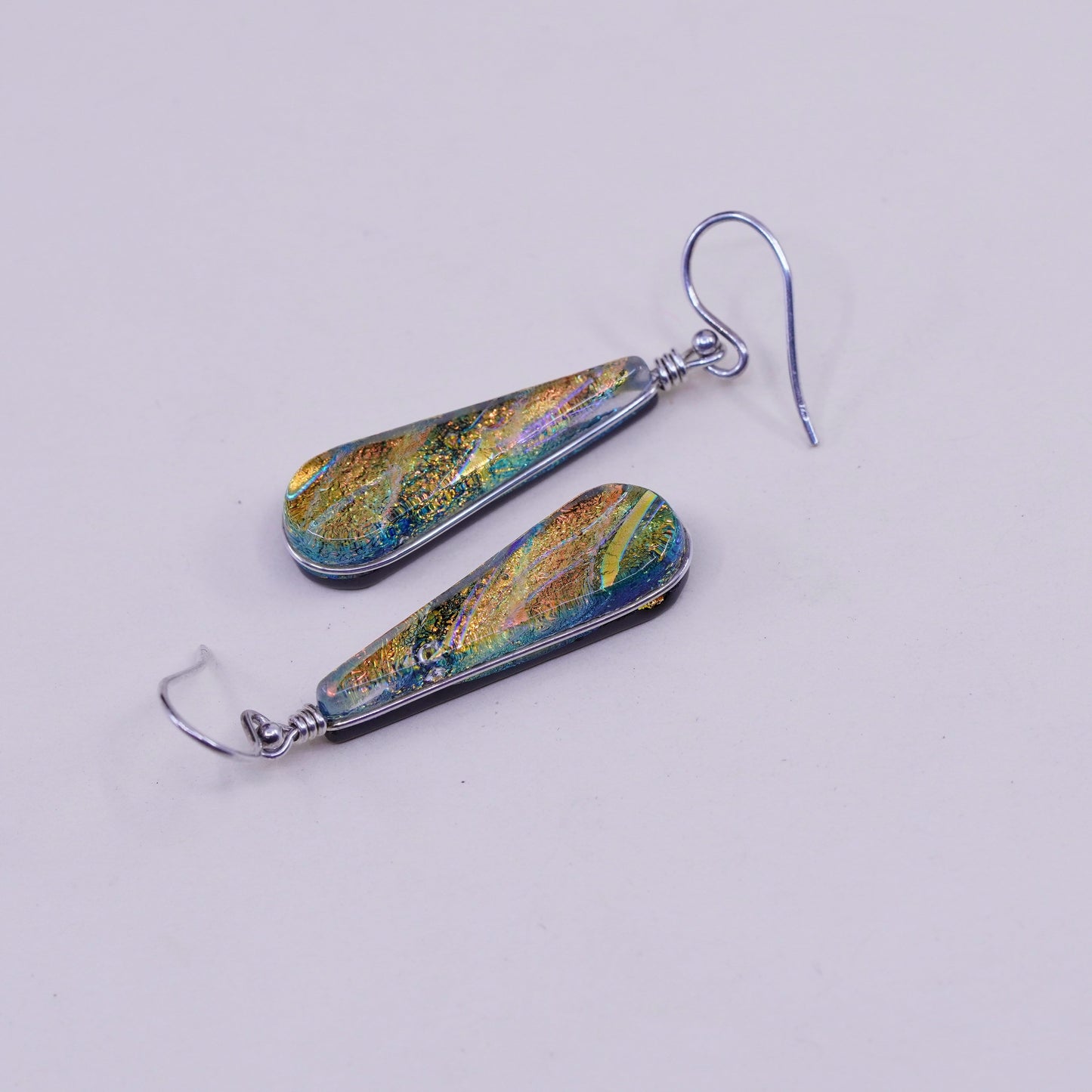 Sterling 925 silver handmade earrings orange teardrop foiled artisan glass drop