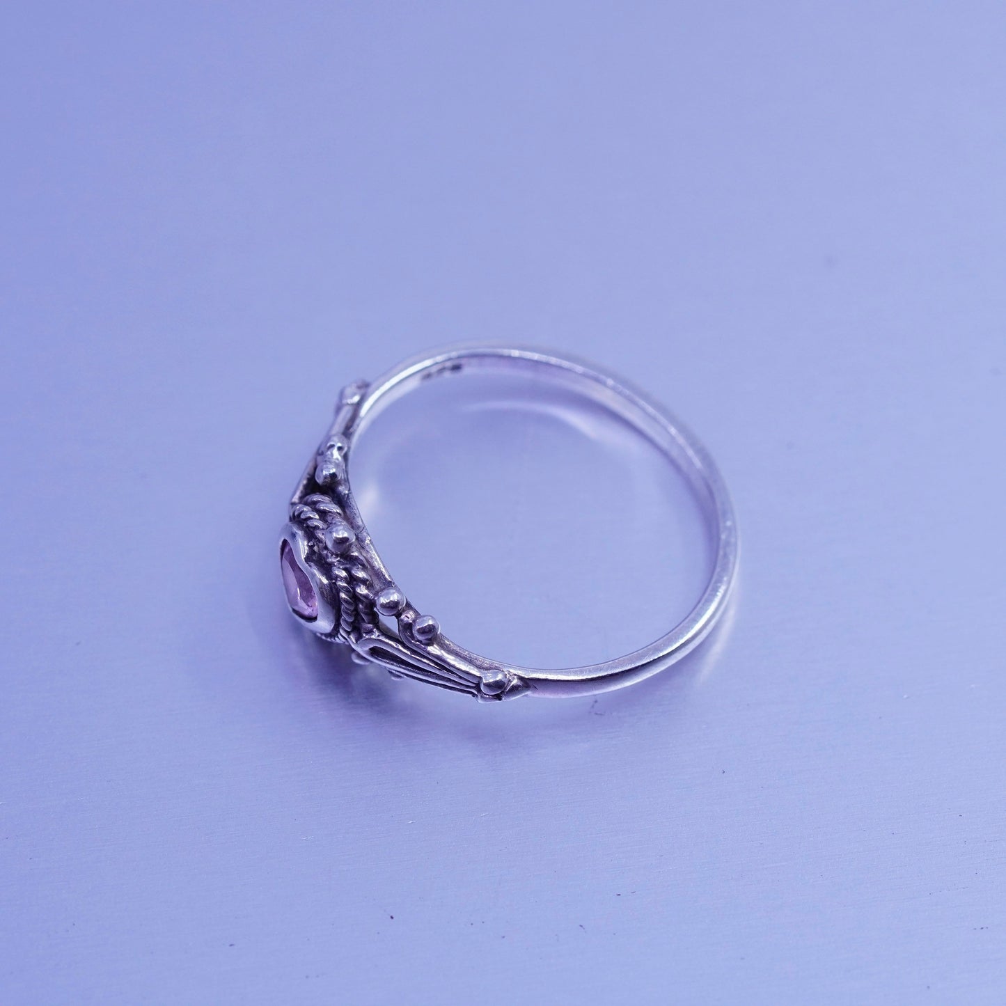 Size 7.75, vintage Sterling 925 silver handmade ring with heart pink Cz beads
