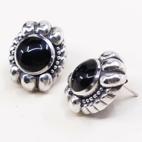 Vintage Sterling Silver Handmade Earrings, 925 Silver Studs W/ Obsidian N Beads
