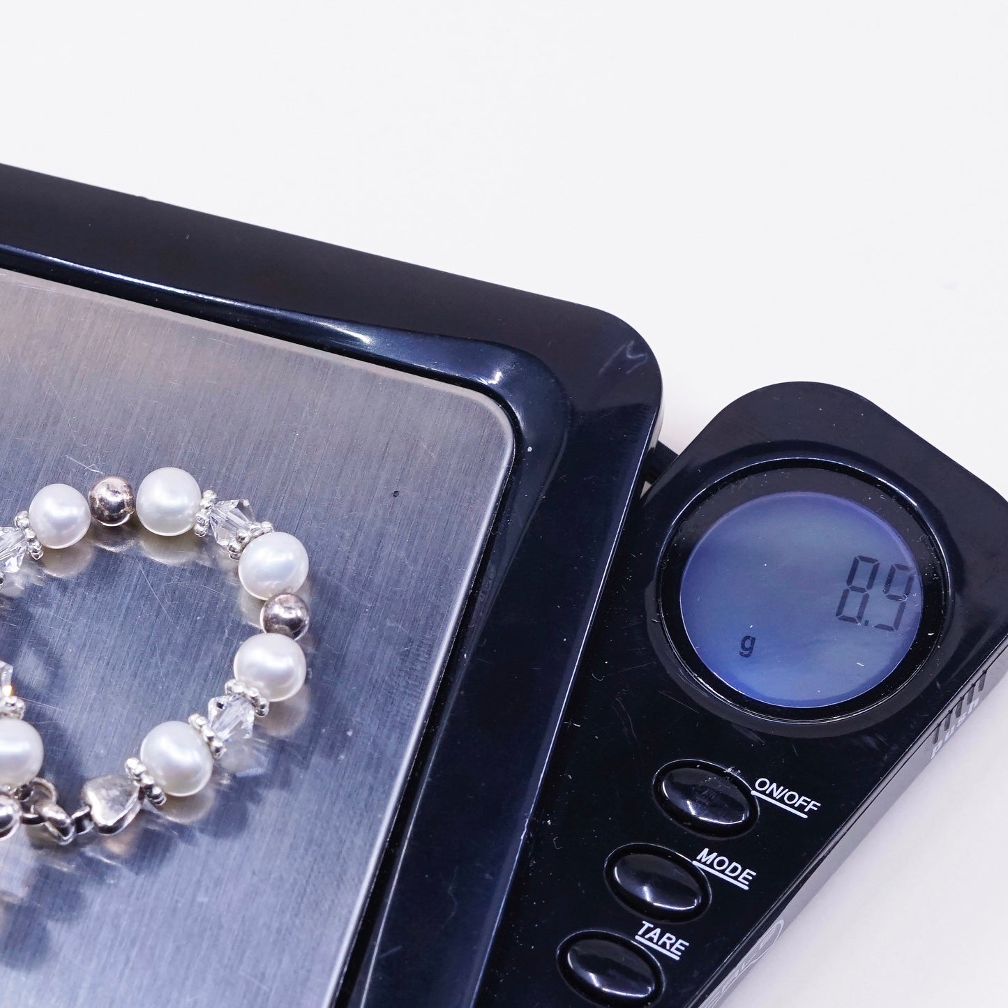 6”, vtg sterling 925 silver handmade bracelet, pearl beads w/ heart charm Megan