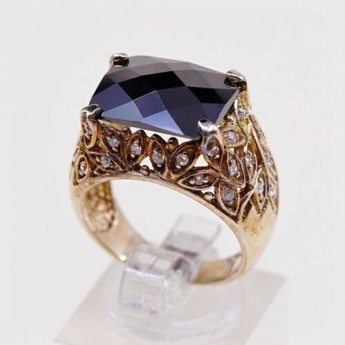 Sz 7, Vtg Vermeil Gold Over Sterling silver Statement ring, 925 W/ Topaz N Cz