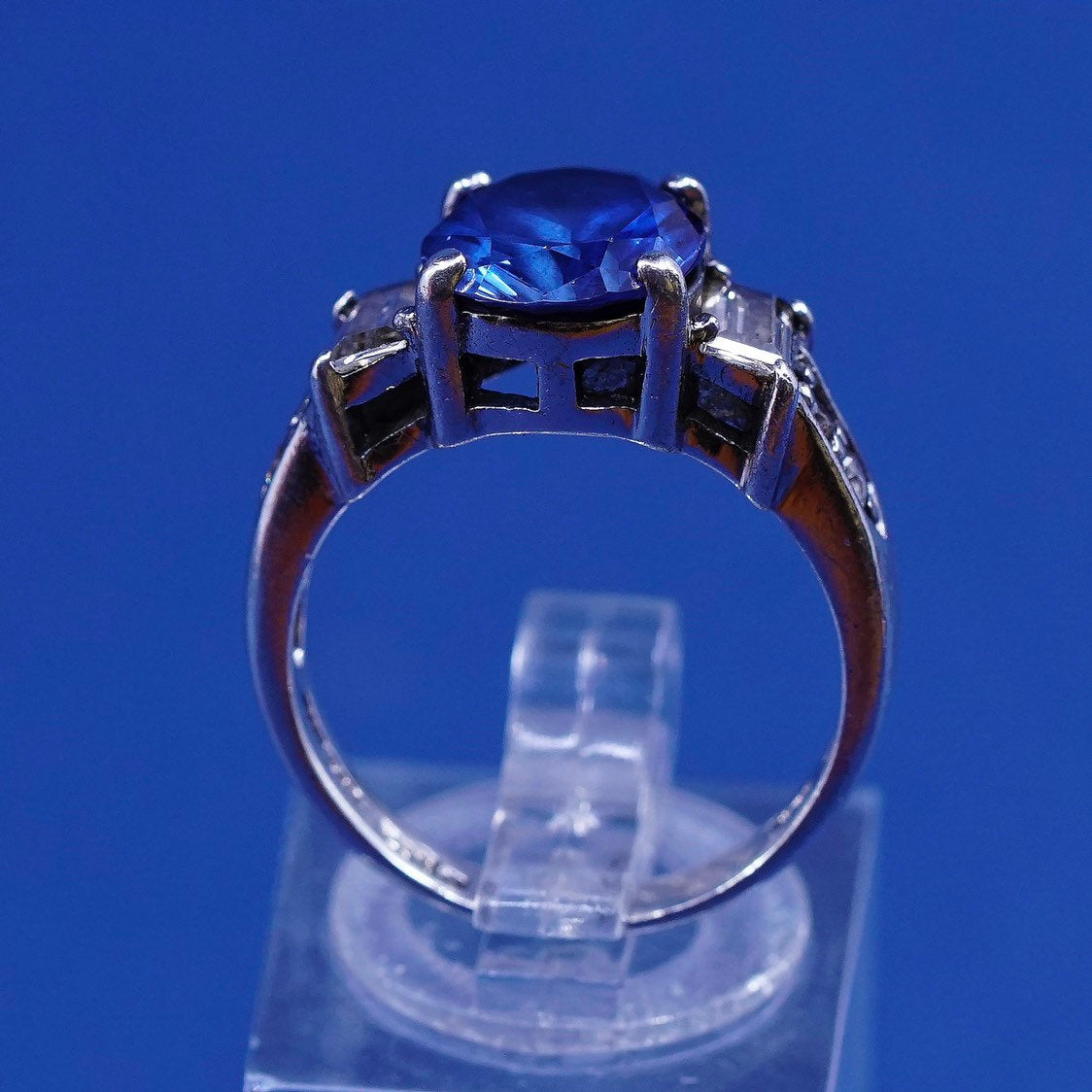 sz 7.25, vtg CSJ Sterling silver handmade ring, 925 w/ sapphire N crystal