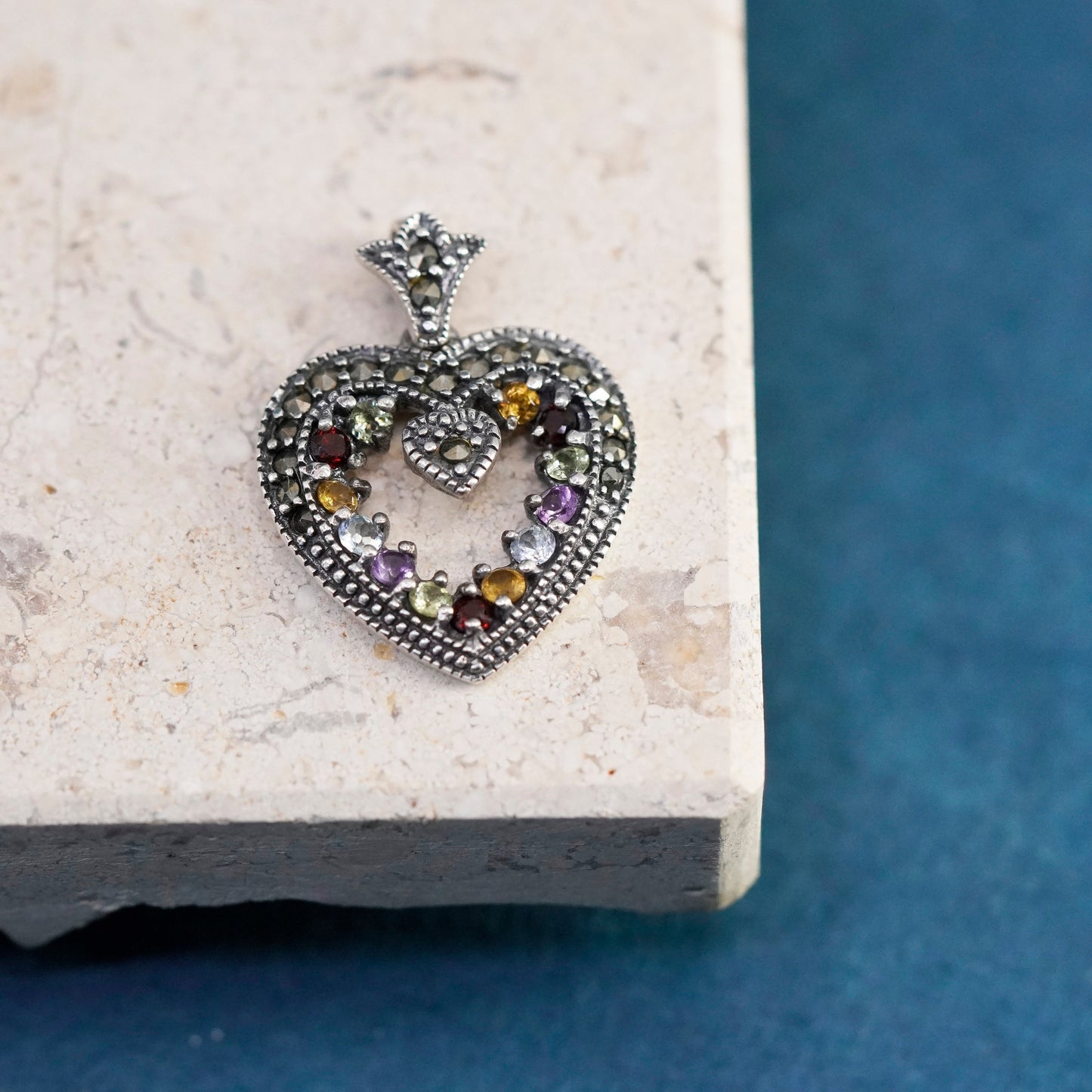 Sterling silver handmade pendant, 925 heart marcasite citrine peridot amethyst