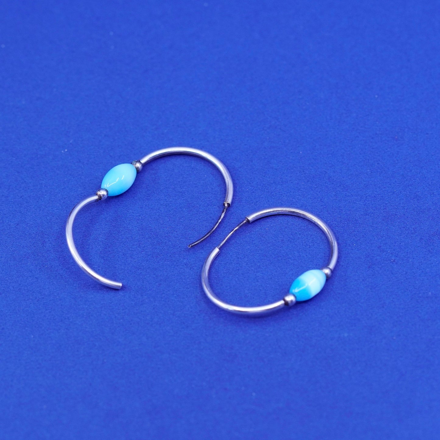 1.25”, vtg Sterling silver handmade earrings, 925 hoops huggie blue cats eye