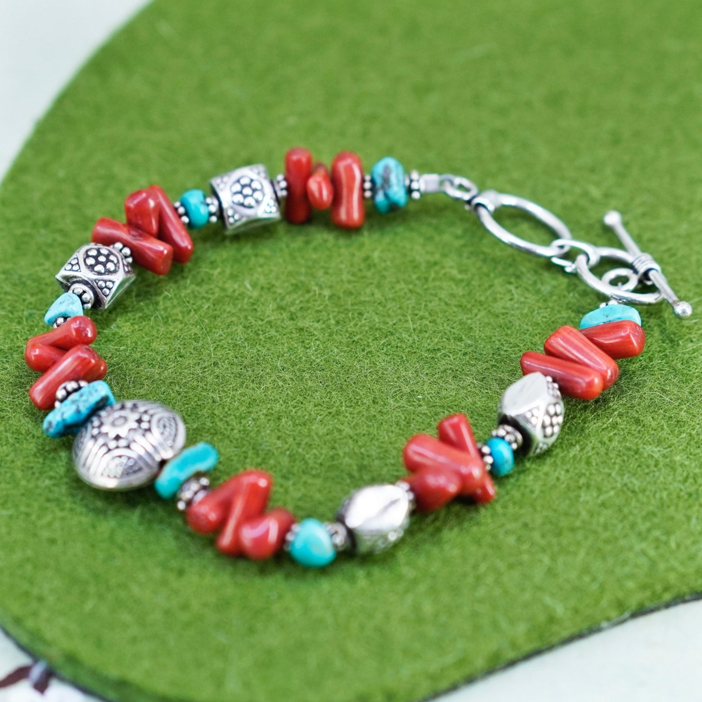 7+0.5”, southwestern Sterling 925 silver bracelet with turquoise coral beads