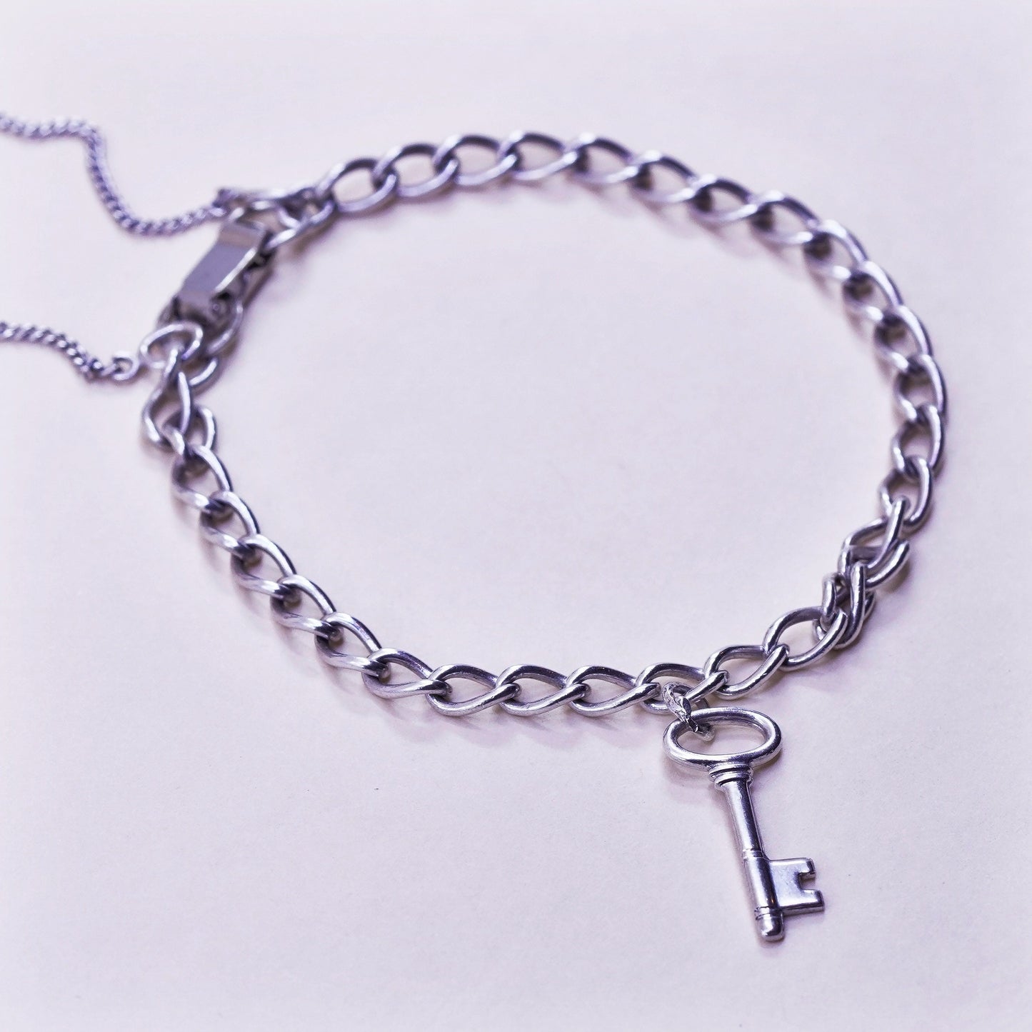 6.25”, 5mm, Vintage sterling silver curb chain, 925 handmade bracelet key charm