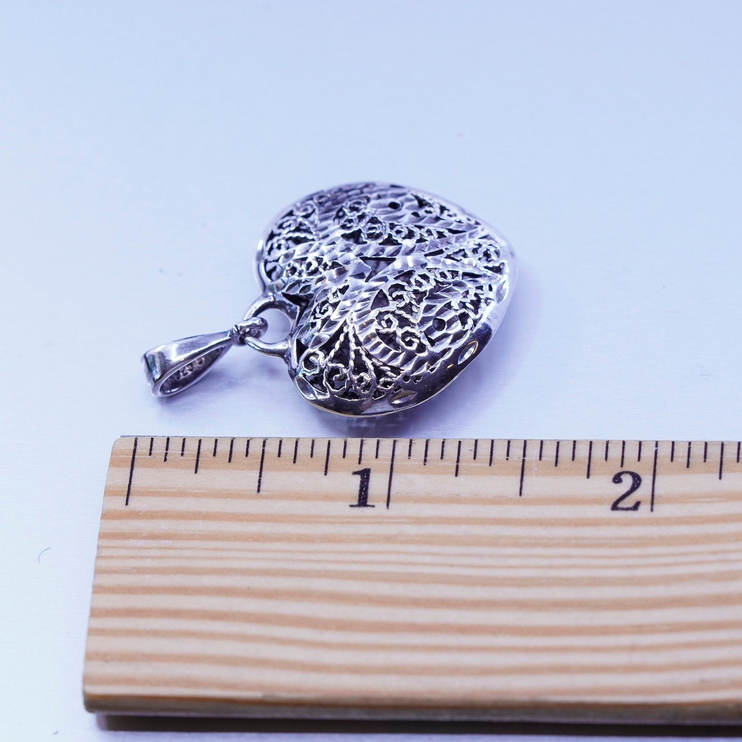 Antique Sterling silver charm, 925 puffy filigree heart pendant