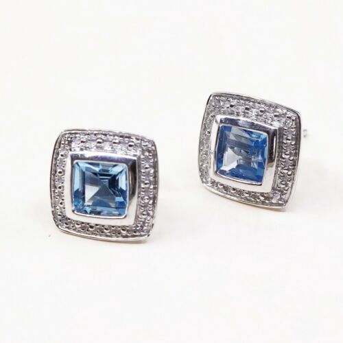 Vtg Fashionable Sterling Silver Handmade Earrings, 925 Studs W/ Blue Topaz