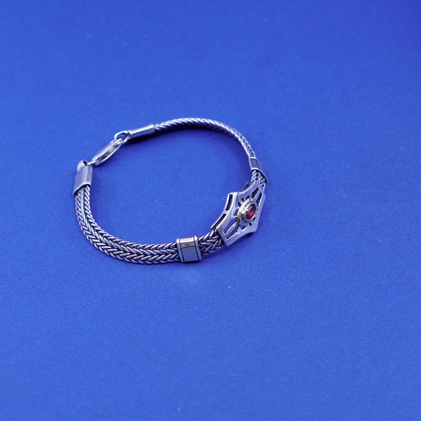 7”. vtg Sterling silver bracelet, 925 wheat chain 14K yellow gold accent ruby