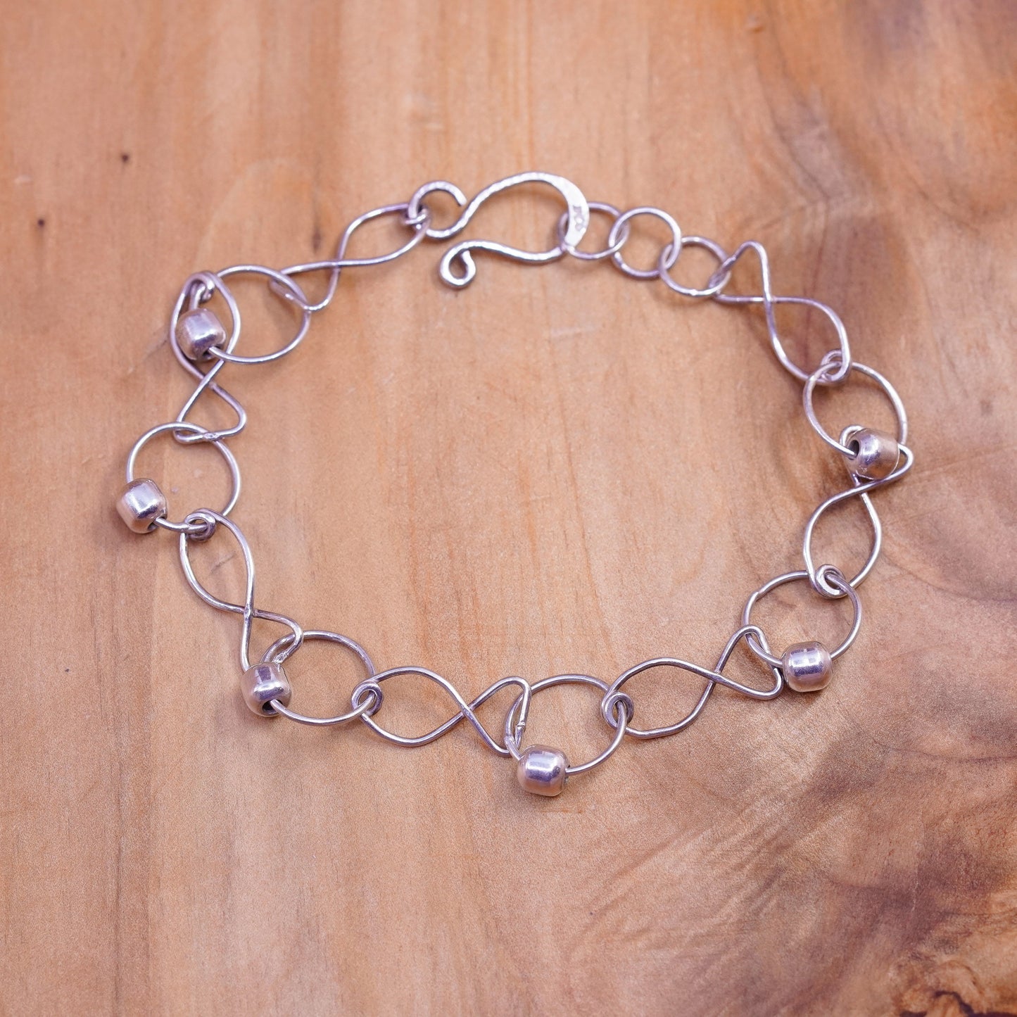 7.75”, vintage Sterling silver handmade bracelet, 925 fish link chain beads