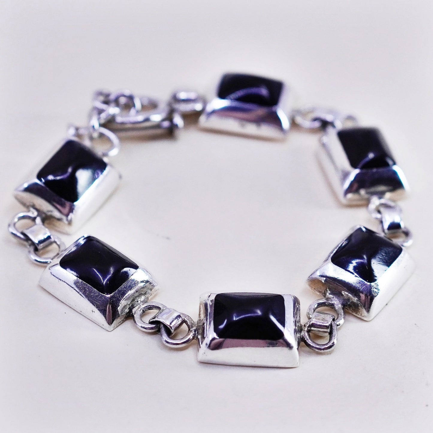 7”, Vintage mexico Sterling 925 silver handmade bracelet with onyx