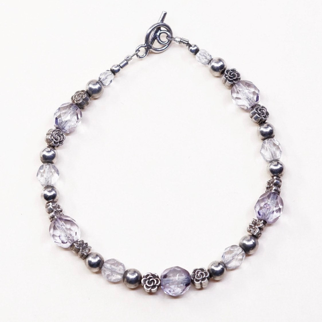 7.25”, VTG sterling silver handmade bracelet, 925 beads w/ crystal beads