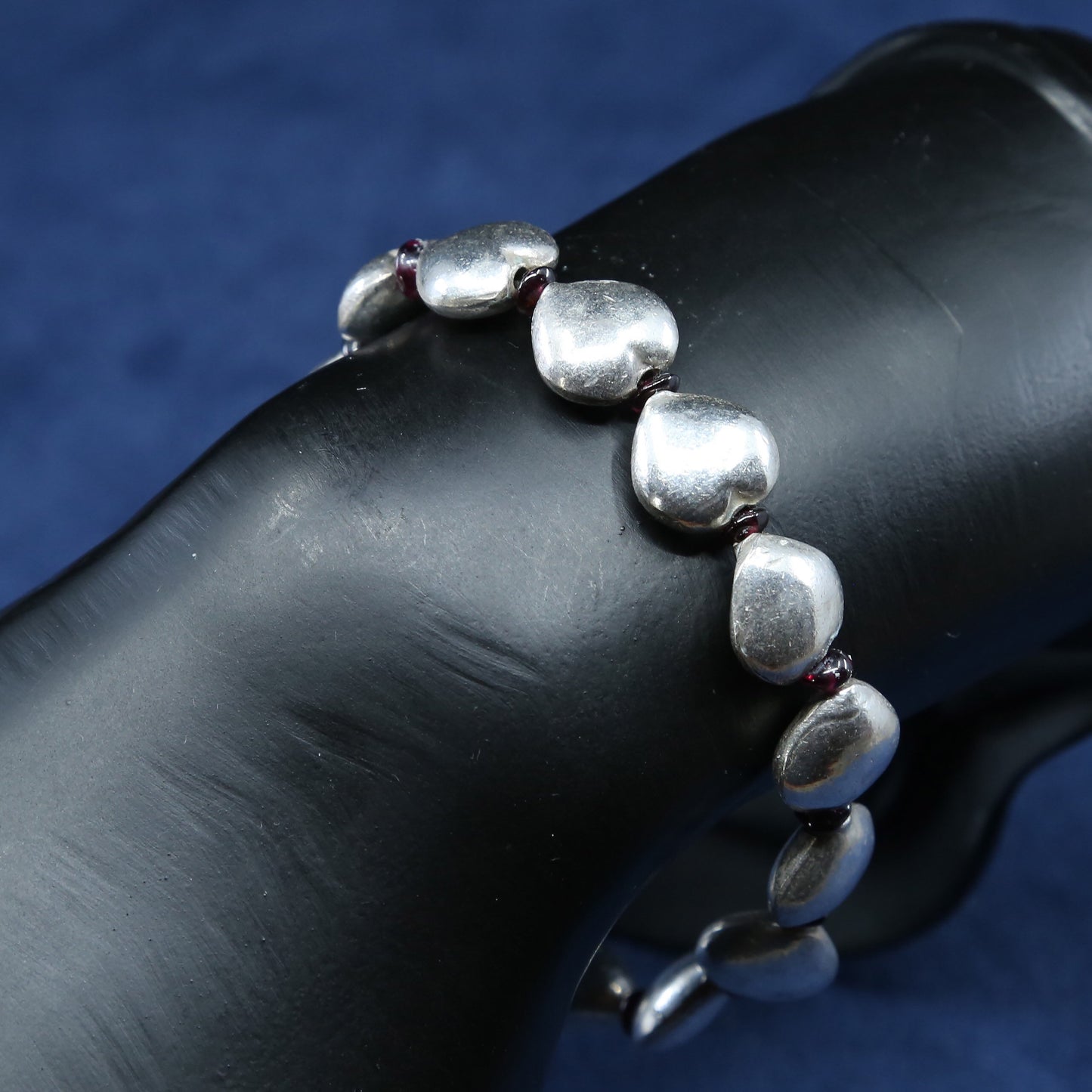 6.75", vtg Sterling silver handmade bracelet, 925 heart beads w/ cross charm