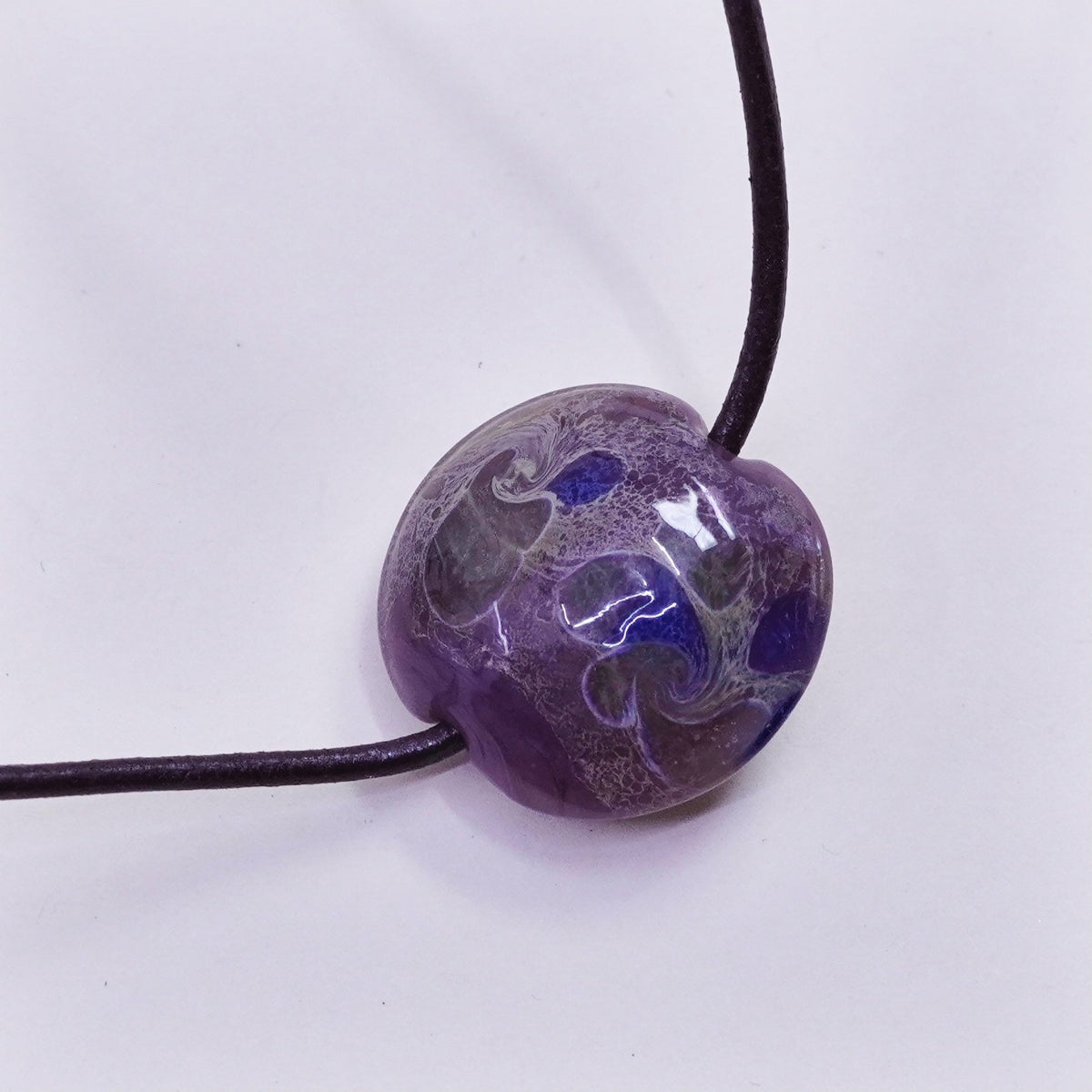 18", sterling 925 silver necklace brown leather core artisan glass pendant