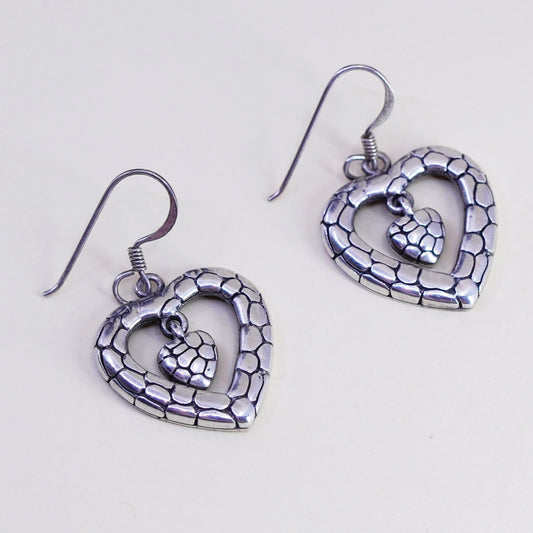 Vintage sterling silver handmade earrings, textured 925 heart dangles