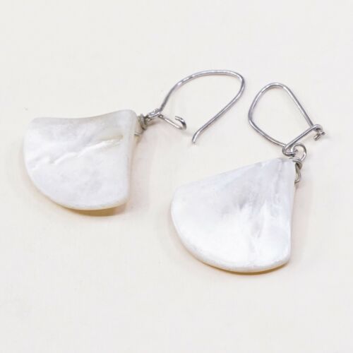 Vtg STERLING 925 SILVER Handmade Shell MOTHER OF PEARL EARRINGS Dangles
