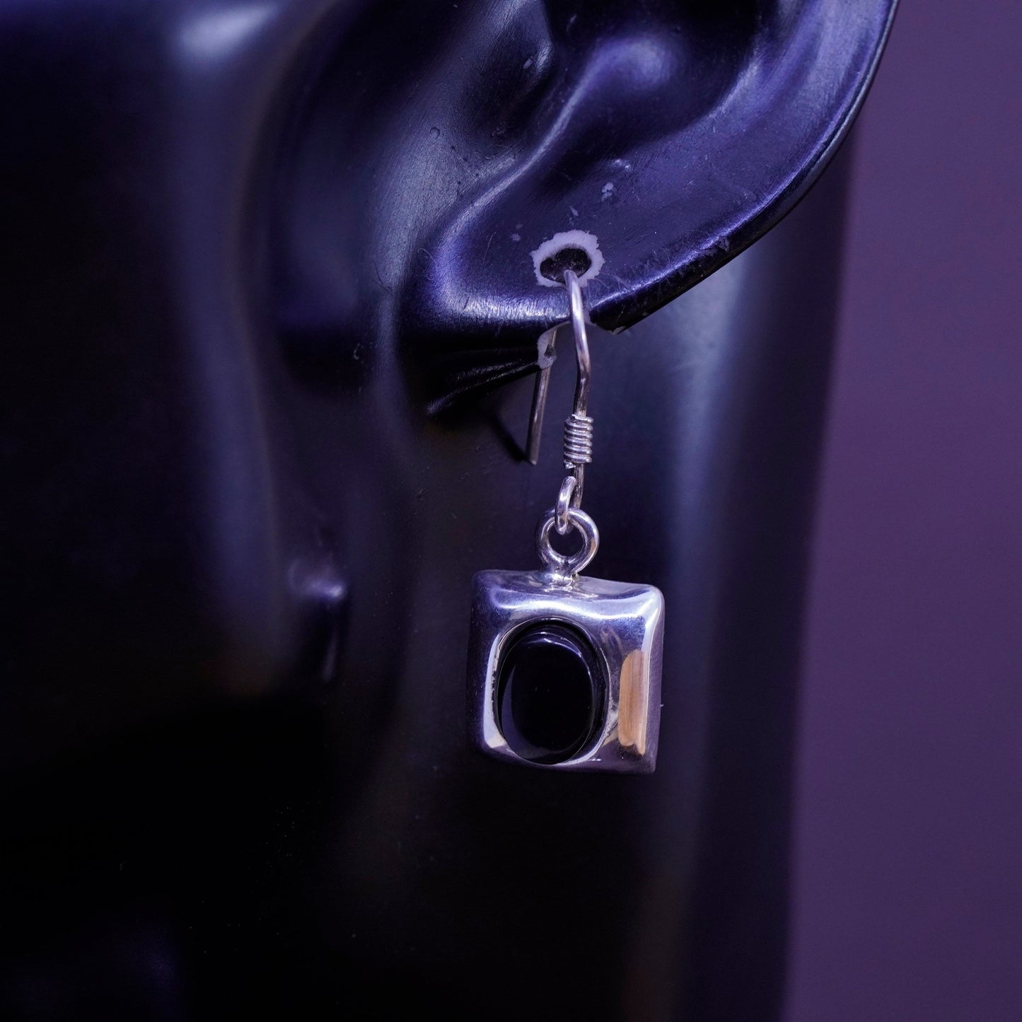Vintage Sterling 925 silver handmade earrings with oval obsidian inlay