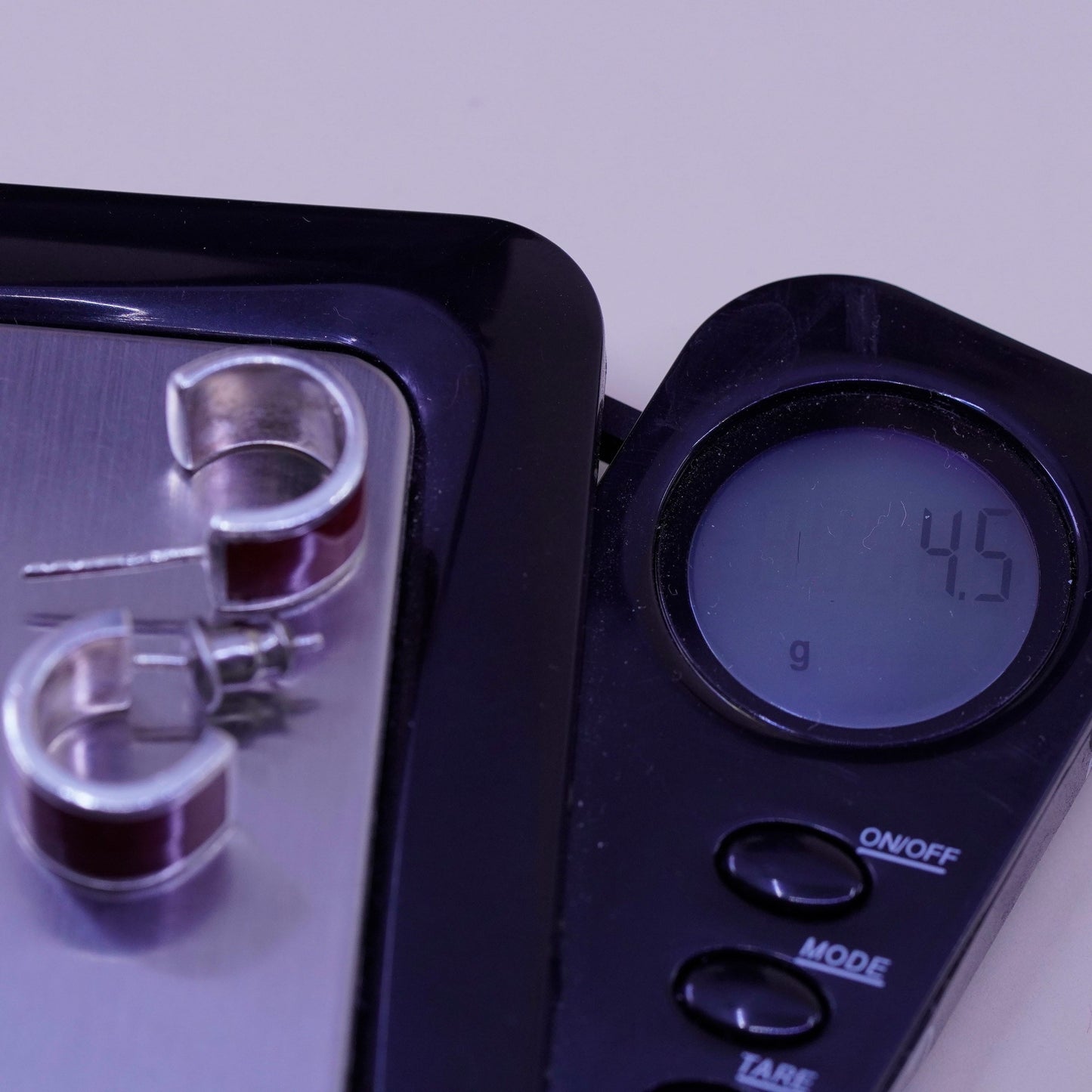 0.5”, Vintage sterling silver handmade hoops, 925 Huggie earrings w/ red enamel