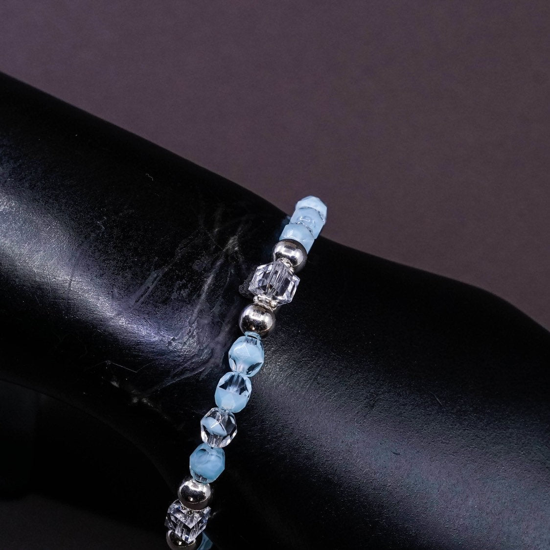7”, vtg Sterling silver handmade bracelet, 925 beads w/ crystal beads N toggle