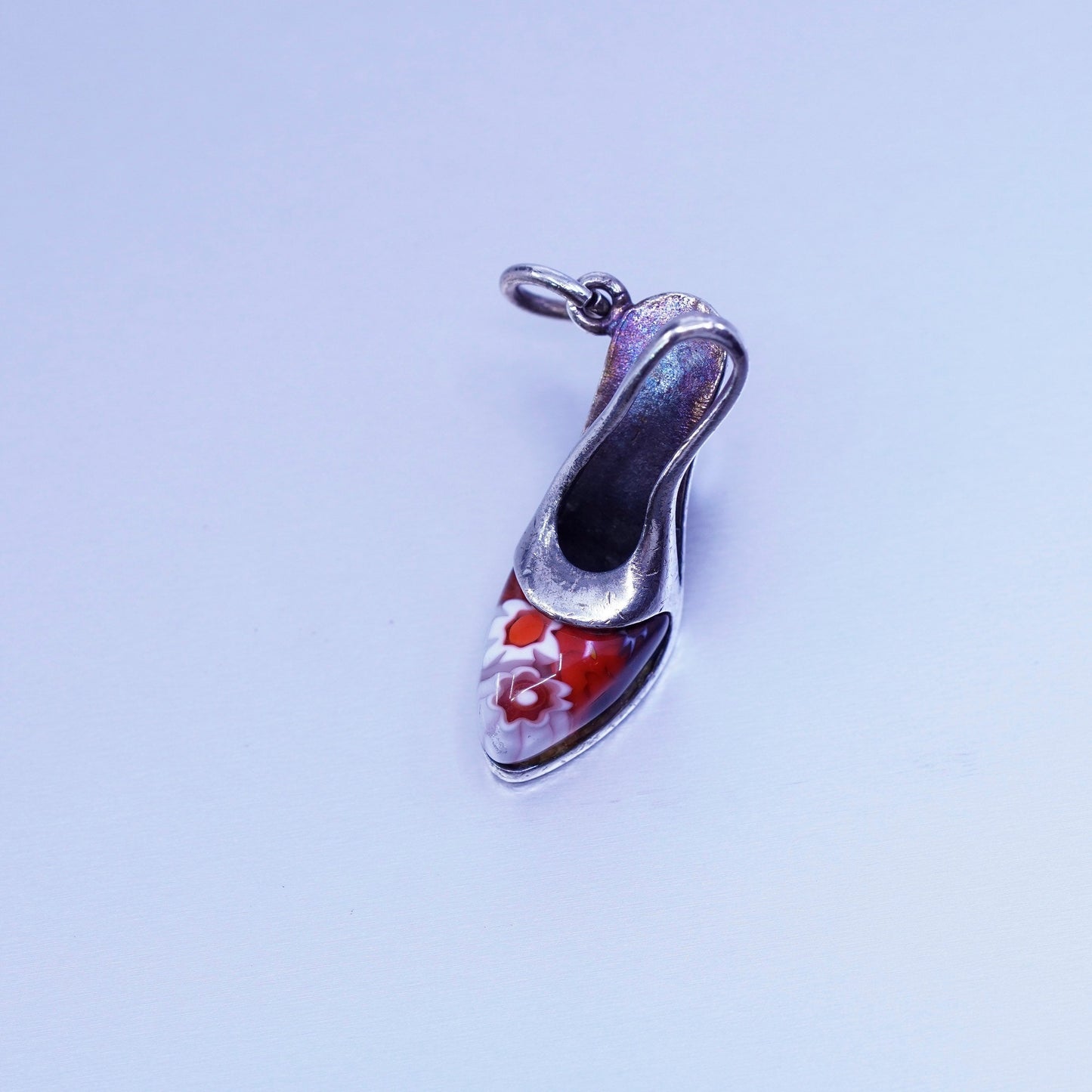 Italian Alan K sterling 925 silver pendant high heel, multiciori murano glass