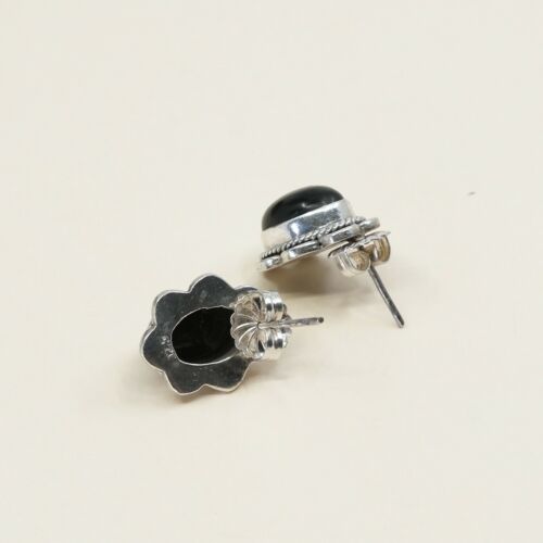 Vintage Sterling Silver Handmade Earrings, 925 Silver Studs W/ Obsidian N Cable