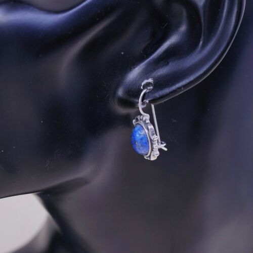 Vtg M 925 Sterling Silver Handmade Earrings W/ Lapis Lazuli N Bead Bali Detail