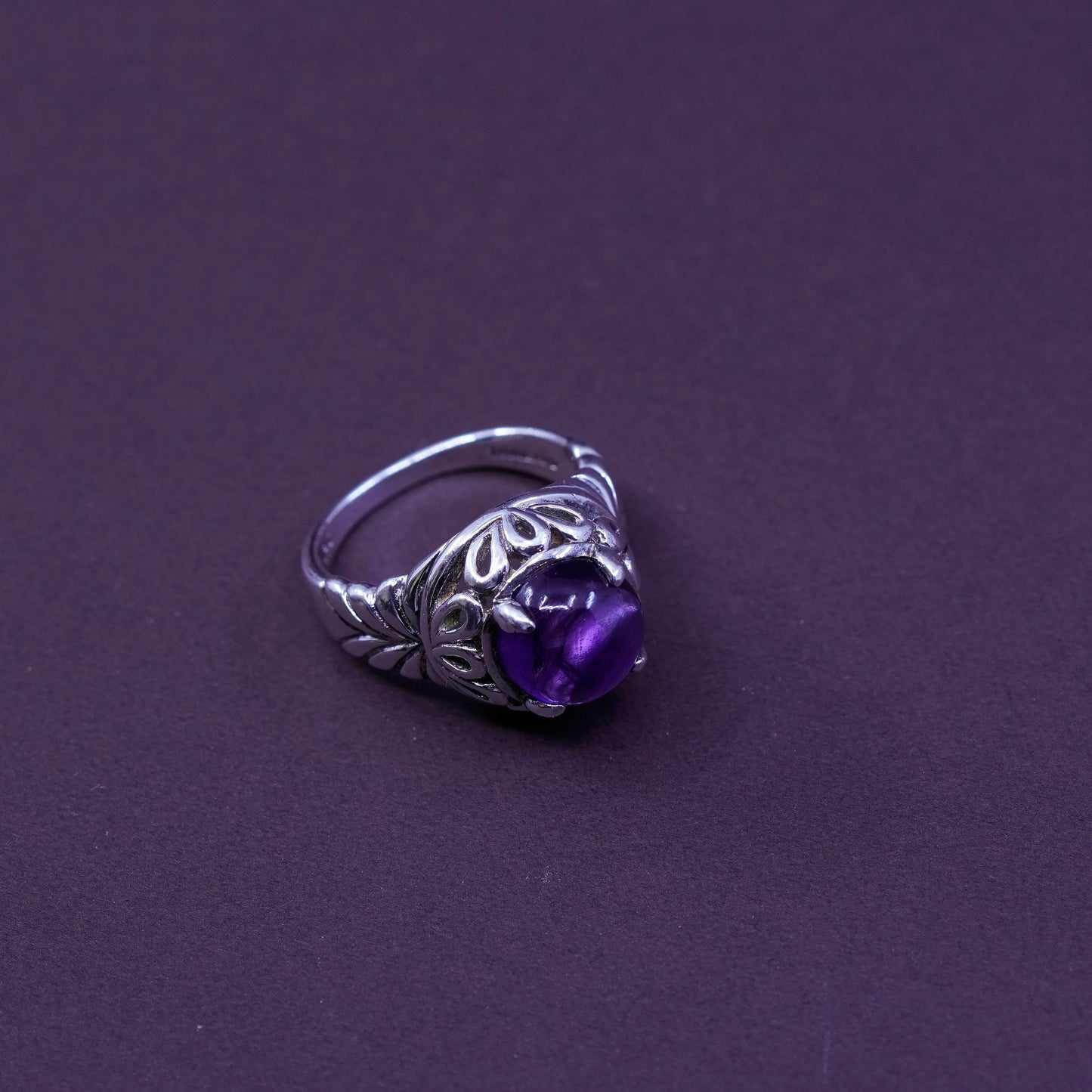 Size 8.25, vintage SLC filigree Sterling 925 silver handmade ring with amethyst